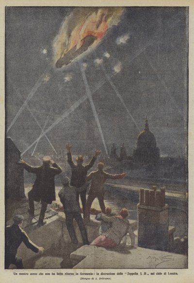 Un mostro aereo che non ha fatto ritorno in Germania, la distruzione dello Zeppelin L 31 nel cielo di Londra da Achille Beltrame