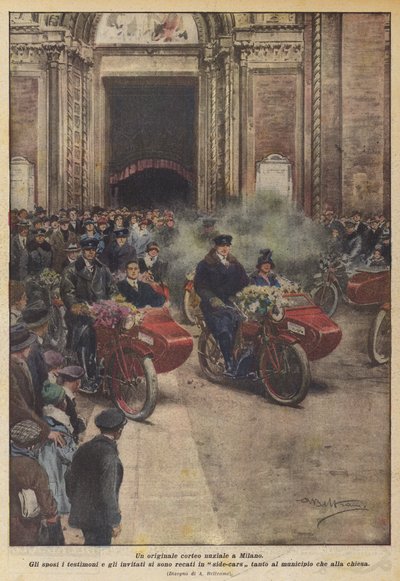 Un originale corteo nuziale a Milano (litografia a colori) da Achille Beltrame