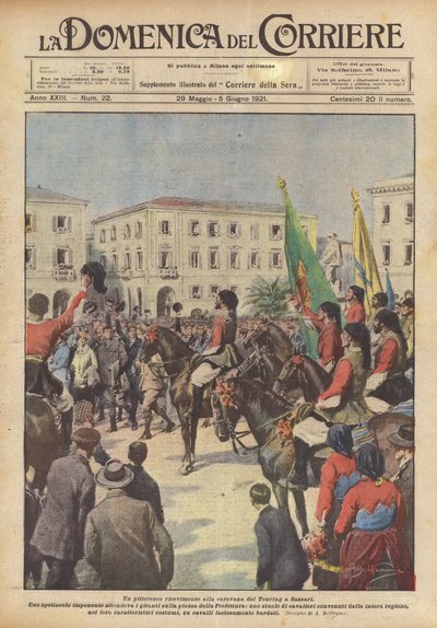 Un pittoresco ricevimento alla carovana del Touring a Sassari da Achille Beltrame
