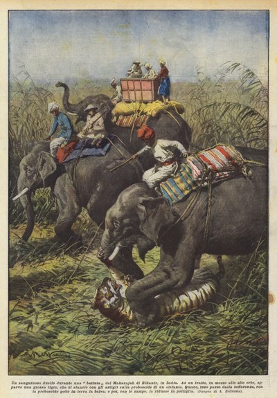 Un sanguinoso duello durante una battuta del Maharajah di Bikanir, in India da Achille Beltrame