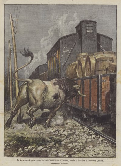 Un toro che si getta contro un treno merci e lo fa deviare, presso la stazione di Belmonte Calabro da Achille Beltrame