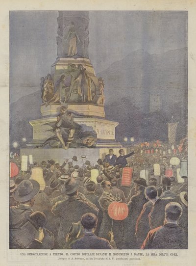 Una dimostrazione a Trento, il corteo popolare davanti il monumento a Dante, la sera dell