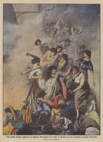 Una grande sartoria americana in fiamme, lotta feroce su le scale di salvezza con una settantina da Achille Beltrame