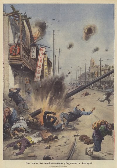 Una scena del bombardamento giapponese a Shanghai da Achille Beltrame