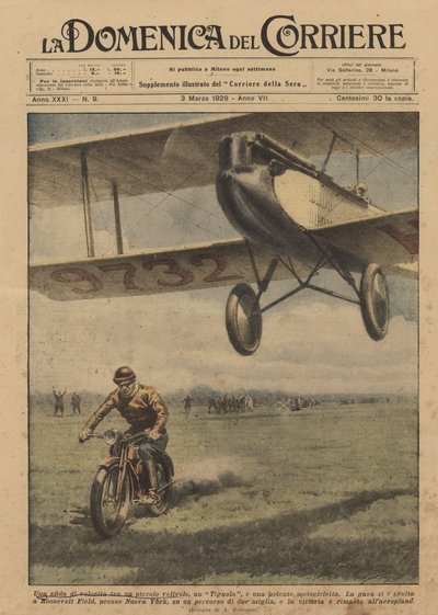 Una sfida di velocità tra un piccolo velivolo, un Tignola, e una potente motocicletta da Achille Beltrame