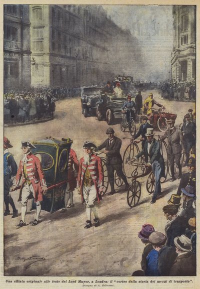 Una sfilata originale alle feste del Lord Mayor, a Londra, il corteo della storia dei mezzi di trasporto da Achille Beltrame