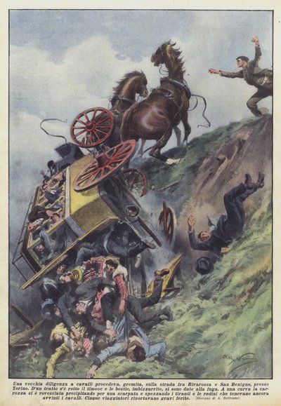 Una vecchia diligenza a cavalli procedeva, gremita, sulla strada fra Rivarossa e San Benigno, presso Torino da Achille Beltrame