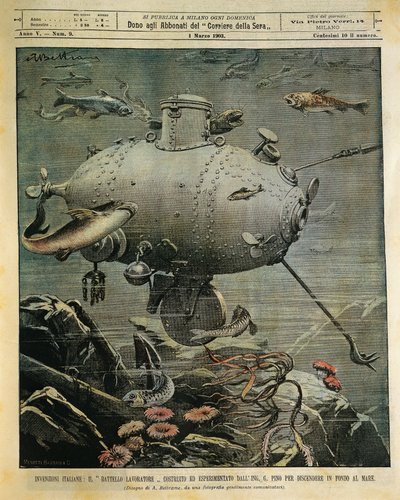 Vascello sottomarino per esplorare il fondale marino, illustrazione di Achille Beltrame, da La Domenica del Corriere, 1 marzo da Achille Beltrame
