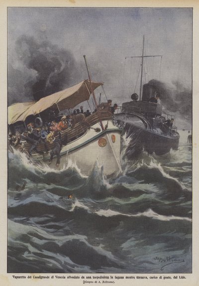 Vaporetto del Canal Grande affondato da una torpediniera in laguna da Achille Beltrame