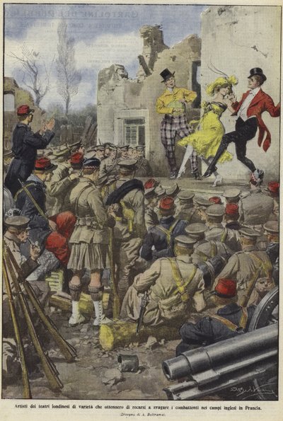 Artisti di varietà dei teatri di Londra che intrattengono le truppe britanniche nei campi in Francia da Achille Beltrame