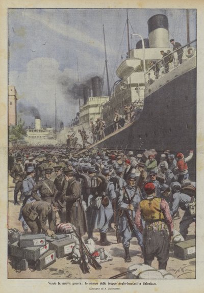 Verso la nuova guerra, lo sbarco delle truppe anglo-francesi a Salonicco da Achille Beltrame