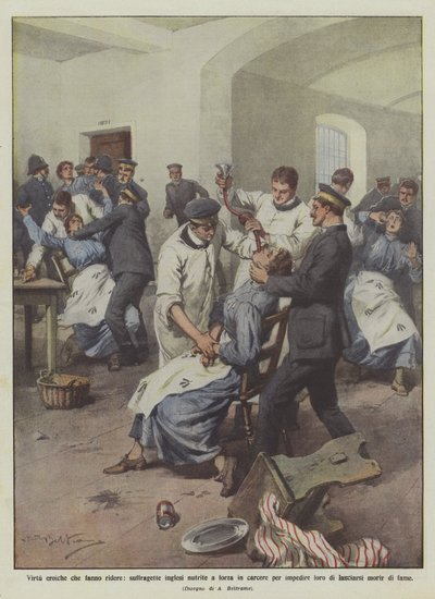 Virtù eroiche che fanno ridere, suffragette inglesi nutrite a forza in carcere per impedire loro da Achille Beltrame