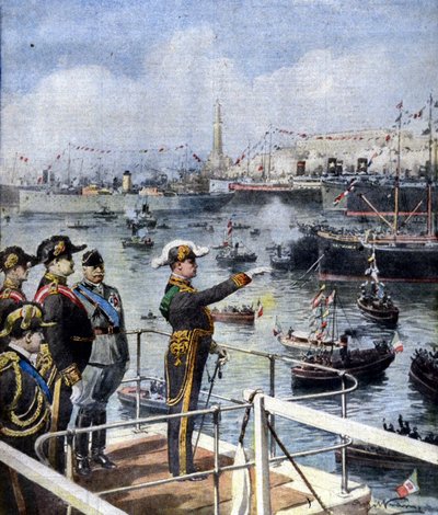 Visita di Benito Mussolini a Genova. Il Duce saluta la città dal ponte Esperia. Illustrazione di Beltrame. La Domenica del Corriere, 6/06/1926. da Achille Beltrame