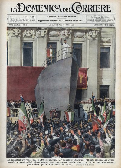Visita del duca Benito Mussolini a Messina durante un viaggio in Sicilia. Illustrazione di Achille Beltrame in 