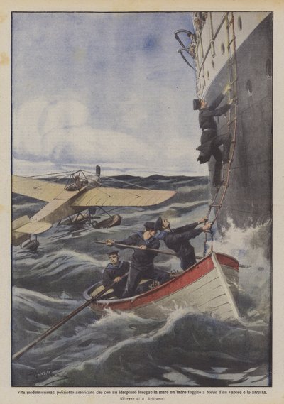 Vita modernissima, poliziotto americano che con un idroplano insegue in mare un ladro da Achille Beltrame