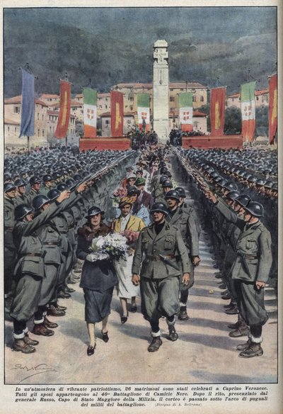 Cerimonia di matrimonio di membri delle camicie nere a Caprino Veronese in Veneto. Illustrazione di Achille Beltrame in 