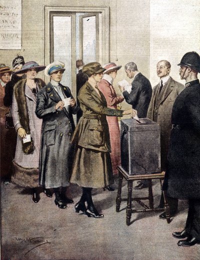 Le donne votarono per la prima volta in Inghilterra. 1919. Illustrazione di A. Beltrame. La Domenica del Corriere. da Achille Beltrame