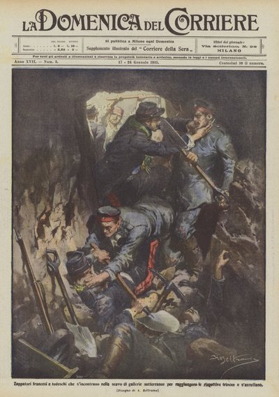 Zappatori francesi e tedeschi che si incontrano nello scavo di gallerie sotterranee da Achille Beltrame