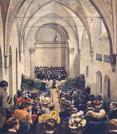 Cerimonia della Sala della Musica Perosi a Milano, copertina illustrata da La Domenica del Corriere, 6 maggio 1900 da Achille Beltrame
