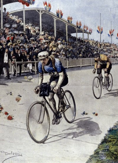 Ciclista Peer Breton vincitore del Tour de France nel 1908. illustrazione di Achille Beltrame da Achille Beltrame