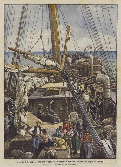 In cerca di fortuna, la colazione a bordo di un vapore di contadini emigranti da Napoli in America da Achille Beltrame