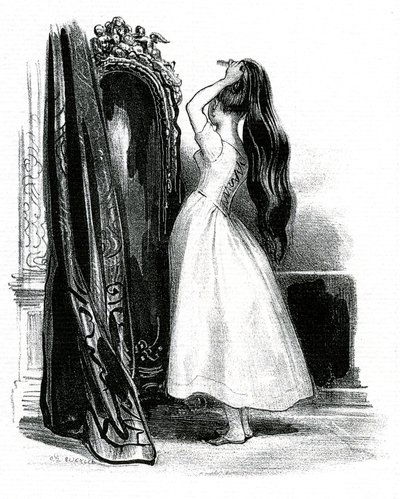 Madame Bovary, per il romanzo di Gustave Flaubert - Emma Bovary raccoglie i suoi lunghi capelli davanti allo specchio da Achille Devéria