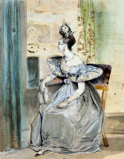 Ritratto di Marie Nodier in un palco teatrale alle 10. Suo padre Charles teneva un salotto letterario frequentato dai Romantici (Victor Hugo, Lamartine, Vigny, Dumas, Liszt) e lei era la Musa di alcuni di loro da Achille Devéria