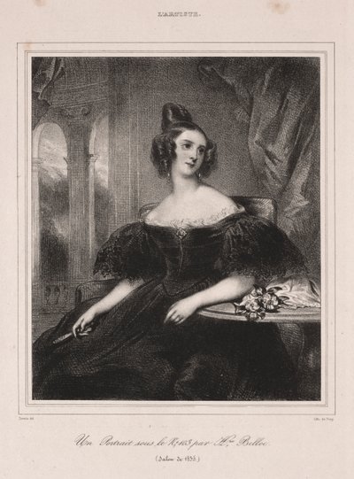 Giovane donna con ventaglio seduta a un tavolo, 1835 da Achille Devéria