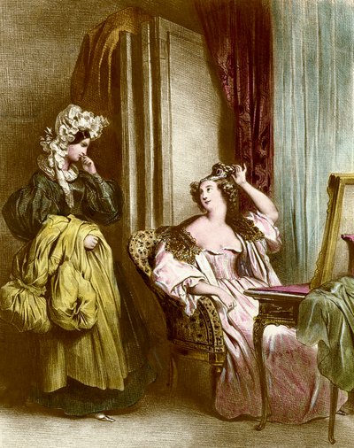 La toilette: una giovane donna elegante con la sua cameriera. Litografia di Achille Deveria (1800-1857) XIX secolo Collezione privata da Achille Devéria