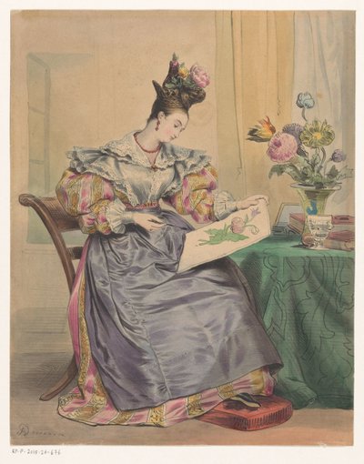 Donna che colora una stampa da Achille Devéria