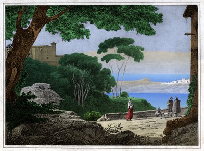 Lago Albano (incisione, ca. 1820) da Achille Etna Michallon