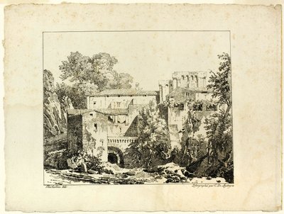 Paesaggio con rovine e viadotto da Achille Etna Michallon