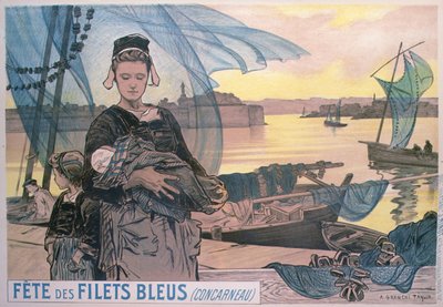 Poster che raffigura il Festival delle Reti da Pesca Blu, Concarneau, Bretagna da Achille Granchi Taylor