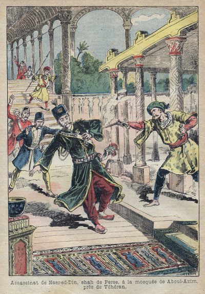 Assassinio di Nasser Ed Din (1831-1896), Scià di Persia (Iran) nel 1896 - Illustrazione di Achille Lemot per "Le Pelerin" del 1896 da Achille Lemot