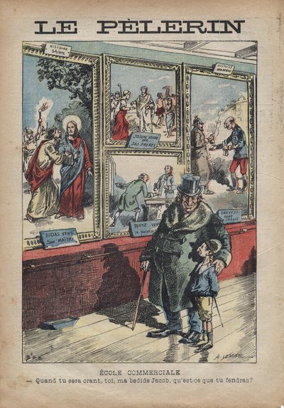 Cartone animato antisemita di Achille Lemot per "Le-Pelerin" di settembre 1896 - Scuola commerciale: quando diventi un crant, tu mio bedide Jacob, cosa dividerai? da Achille Lemot