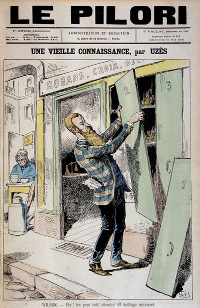Eletto! Possiamo aspettarci di tutto dal suffragio universale (caricatura su Daniel Wilson rieletto deputato) - di Uzes (Achille Lemot dit) (1846-1909), in "Le Pilori" del 15/05/1892 da Achille Lemot