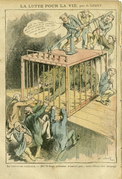 Illustrazione di Achille Lemot (1846-1909) in Le Pelerin, 21/04/07 - La lotta per la vita - Socialismo, Radical-Socialismo - Animalizzazione da Achille Lemot