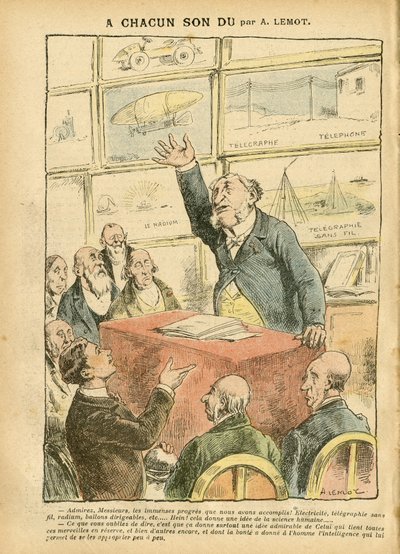 Illustrazione di Achille Lemot (1846-1909) in Le Pèlerin, 22/09/07 - Modernità, Automobile, Religione Fede, Ateismo, Progresso, Telegrafo, Telegrafia senza fili, Telefono, Radio, Cattolicesimo - Intellettuale da Achille Lemot
