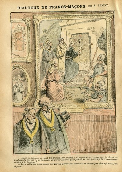 Illustrazione di Achille Lemot (1846-1909) in Le Pèlerin, 31/03/07 - Dialogo dei Francs-Macons - Arte, Antimaconismo, Religione Fede, Cattolicesimo - Separazione della Chiesa e dello Stato, Inventari/Reazioni agli inventari da Achille Lemot
