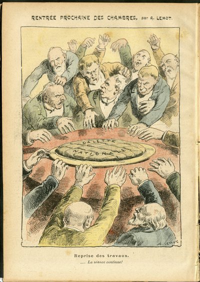 Illustrazione di Achille Lemot (1846-1909) in Le Pelerin, 03/06/06 - Prossimo affitto delle camere - Antiparlamentarismo, Camera dei Deputati Emiciclo, Galette des rois - Deputato da Achille Lemot