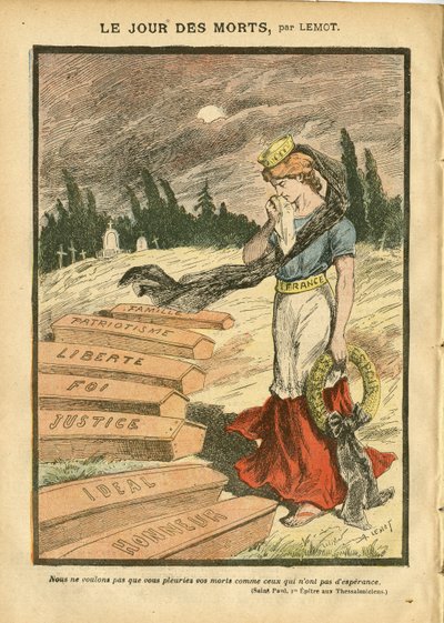 Illustrazione di Achille Lemot (1846-1909) in Le Pelerin, 03/11/07 - Il Giorno dei Morti - Giustizia Processo, Religione Fede, Libertà, Francia, Bandiera tricolore, Patriottismo, Lutto Funerale, Onore, Bara - Marianne - Morte, Metafora religiosa da Achille Lemot