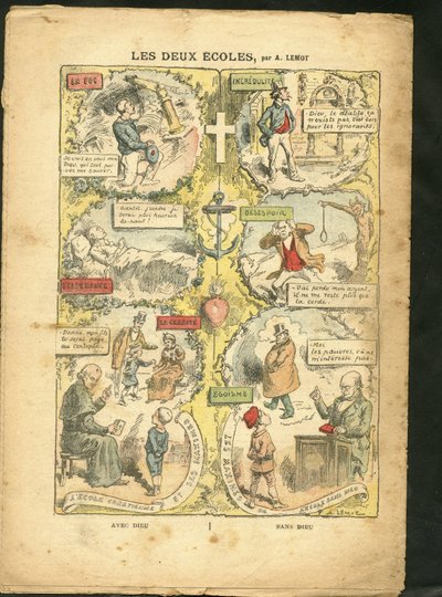 Illustrazione di Achille Lemot in Le Pelerin, 04/04/09 - Le due scuole - Insegnamento, Religione Fede, Cattolicesimo - Laicizzazione Laicità Leggi - Insegnante, Studente liceale, collegiale, Cure da Achille Lemot