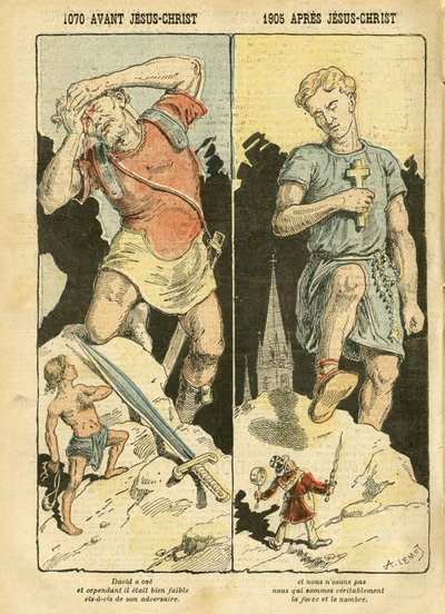 Illustrazione di Achille Lemot (1846-1909) in Le Pelerin, 05/11/05 - 1070 a.C. Gesù Cristo 1905 d.C. - Antimaconismo, Religione Fede, Blocco di Sinistra, Cattolicesimo - Laicizzazione - Davide, Golia - Racconti/Miti da Achille Lemot