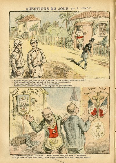 Illustrazione di Achille Lemot (1846-1909) in Le Pèlerin, 06/10/07 - Questione del giorno - Colonizzazione Colonialismo, Antimaconismo, Religione Fede, Ateismo, Patriotismo, Esilio, Cattolicesimo - Coloni, Esploratore, Forzati, bagnards da Achille Lemot