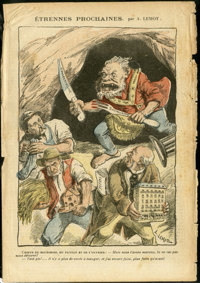 Illustrazione di Achille Lemot (1846-1909) in Le Pelerin, 07/01/06 - Prossimo straniero - Agricoltura, Collettivismo, Socialismo - Lavoratore, Contadini, Agricoltori - Orco/mangiare/ingoiare, Animalizzazione da Achille Lemot