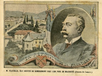 Illustrazione di Achille Lemot in Le Pelerin, 07/02/04 - M. Flayelle, eletto deputato di Remiremont con 1200 voti di maggioranza - Elezioni, Alsazia Lorena, Camera dei deputati Emiciclo, Patriottismo, Frontiere, Remiremont, Vosgi - Deputato, Flayelle da Achille Lemot