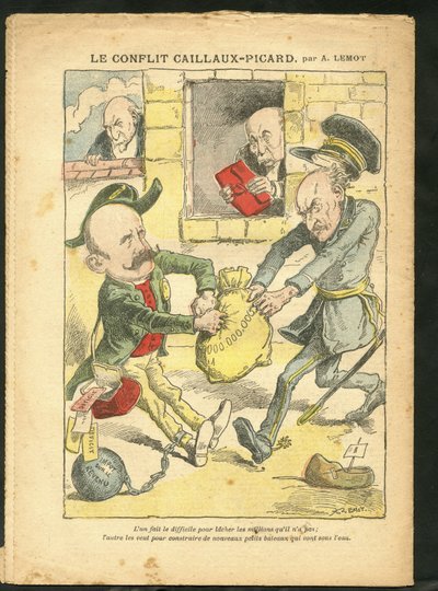 Illustrazione di Achille Lemot in Le Pelerin, 07/03/09 - Il conflitto Caillaux-Picard - Tassazione, Imposta sul reddito - Combes Emile, Clemenceau George, Caillaux Joseph da Achille Lemot