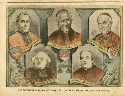 Illustrazione in Le Pelerin, 09/04/05 - Cardinali francesi che protestano contro la separazione - Religione Fede, Cattolicesimo - Separazione tra Chiesa e Stato - Richard Mgr, Perraud Cardinale, Lecot Cardinale da Achille Lemot