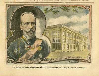 Illustrazione di Achille Lemot in Le Pelerin, 20/08/05 - Il Palazzo dove i negoziatori russi e giapponesi sono riuniti - Russia, Giappone, Guerra russo-giapponese, Portsmouth - Witte Serge da Achille Lemot