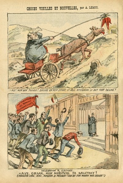 Illustrazione di Achille Lemot (1846-1909) in Le Pèlerin, 20/10/07 - cose vecchie e nuove - Eliseo, Socialismo, Ministero - Jaurès Jean, Asino - Portfolio da Achille Lemot